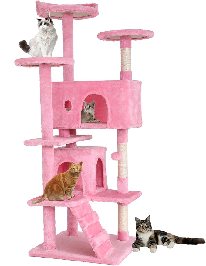BestPet | 54" Cat Tree Tower | Pink | Sturdy, Hanging Cat Toys, Observation by BestPet