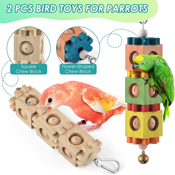 2Pcs Bird Chew Toys for Beak Grinding, Hanging Rotating Wood Block - Image 3