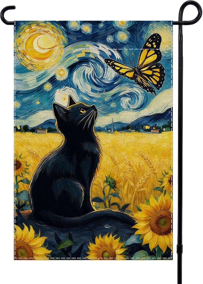 Spring Summer Garden Flag Van Gogh Starry Night Black Cat Banner by ALEXMACLIST