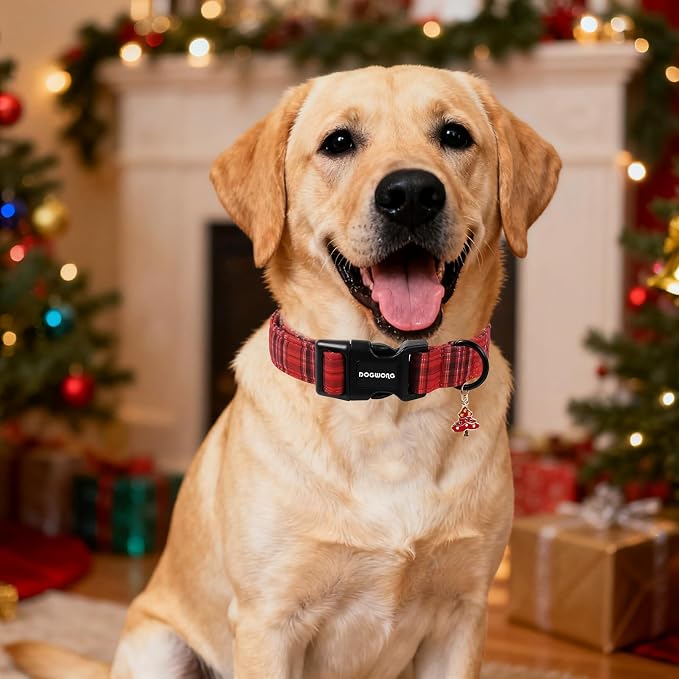 DOGWONG Christmas Plaid Dog Collar, Cute Adjustable Red Tartan Collar - Image 4