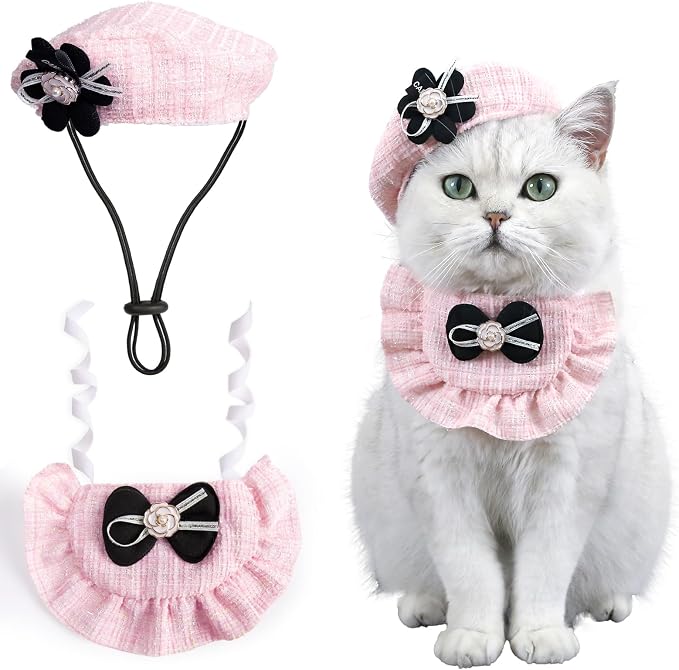 2PCS Cat Beret Hat with Camellia, Adjustable Bow Bandana Scarf Set Pet Princess by HOWWFALY