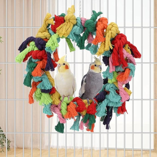 Bird Colorful Cotton Rope Hanging Ring Parrot Preening Grooming Chew Climb - Image 2