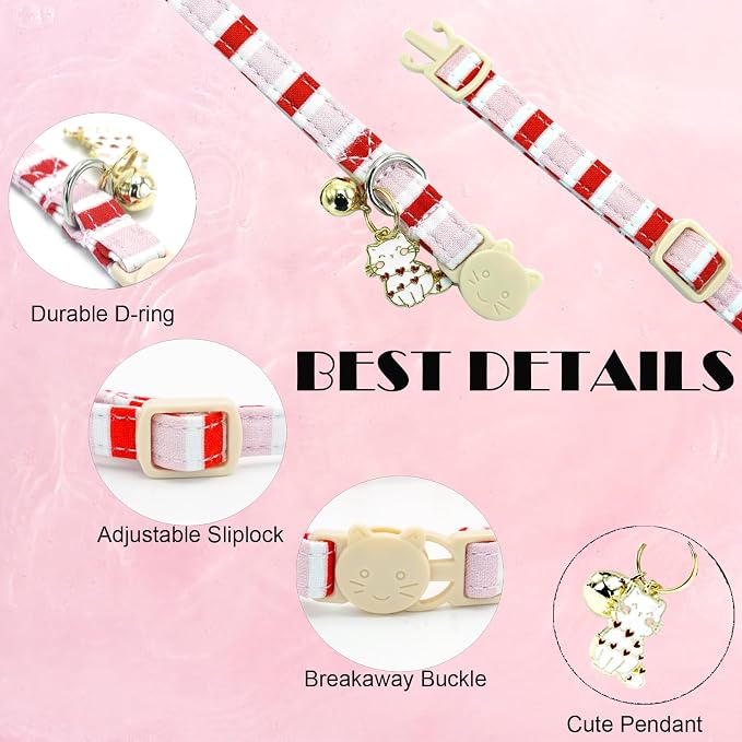 Elegant little tail 2 Pack Cat Collar-Pink Strip Cotton Breakaway Cat Collars - Image 2