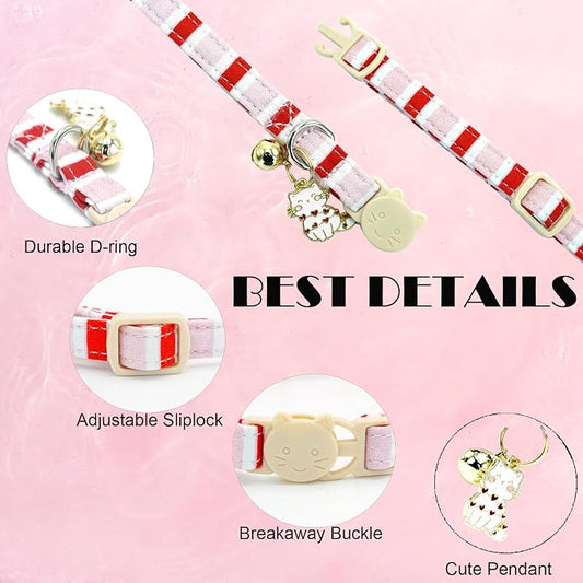 Elegant little tail 2 Pack Cat Collar-Pink Strip Cotton Breakaway Cat Collars - Image 2