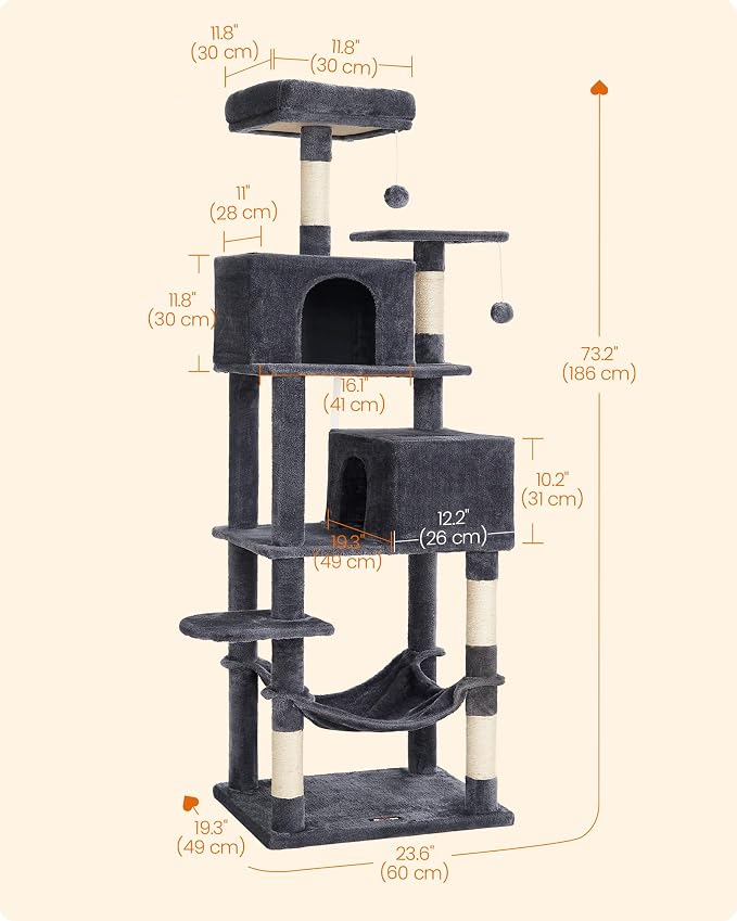 Feandrea Cat Tree, 73.2-Inch Tall Cat Tower, Plush Multi-Level Condo - Image 5