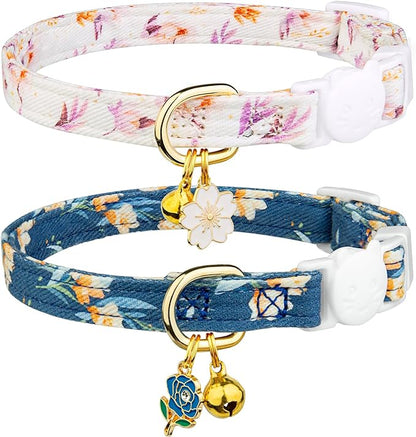 2 Pack Cotton Breakaway Cat Collar White and Blue Flowers Pendant Cute Kitten by Fyeqyaou