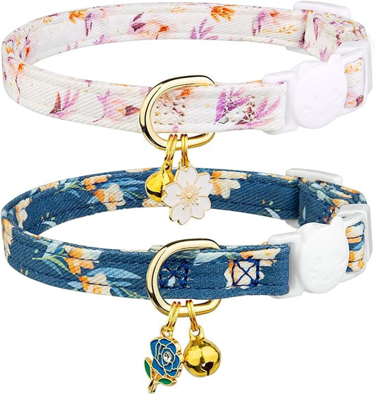 2 Pack Cotton Breakaway Cat Collar White and Blue Flowers Pendant Cute Kitten by Fyeqyaou