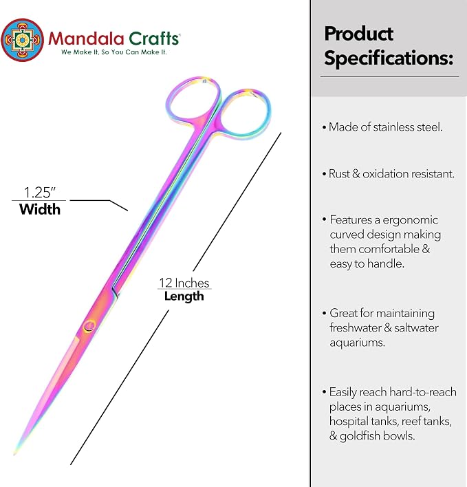 Mandala Crafts 12 Inches Rainbow Stainless Steel Straight Aquarium Scissors - Image 3