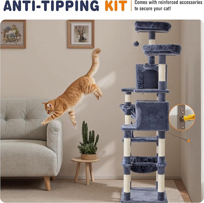 Large Cat Tree 71 Inch, Sisal Scratching Posts and Hammock, Pet Play House - Image 6
