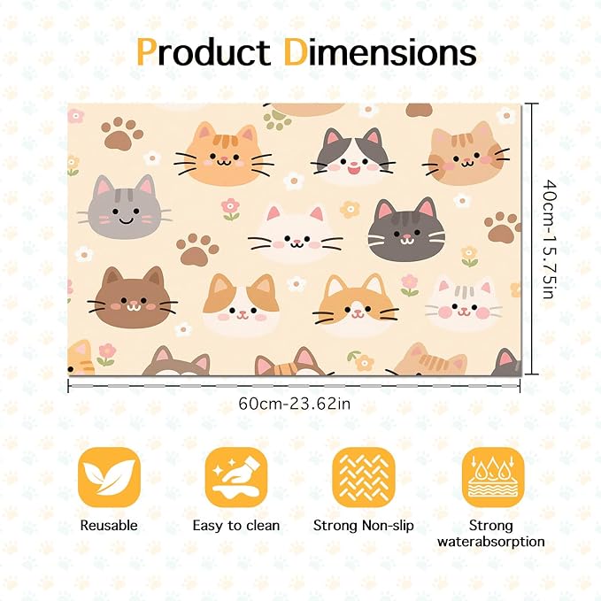 Cat Feeding Mat 24x16 inch Beige Kitten Print Pet Bowl Placemat Non Slip Floor - Image 6