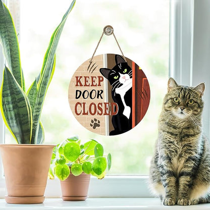 Keep Door Closed Tuxedo Cat Front Door Sign, Funny Wood Hanger Bedroom Porch - Image 5
