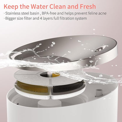 beQ Cat Water Fountain, 84oz/2.5L Stainless Steel Automatic Pet Fountain Dog - Image 2