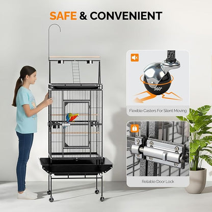 VINGLI 83 Inch Bird Cage with Play Top, Large Wrought Iron Bird Cage with Wheels - Image 6