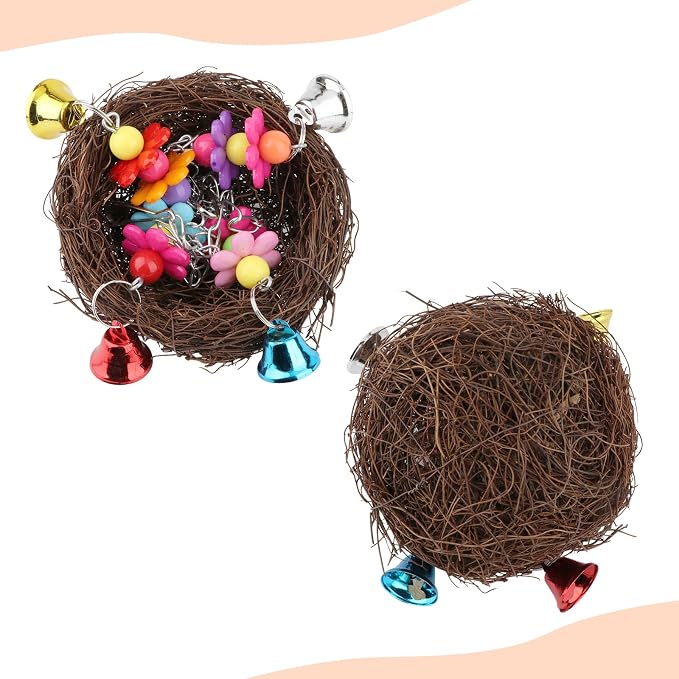 Hypeety Natural Rattan Nest Bird Swing Toy Colorful Flowers Bells - Image 5