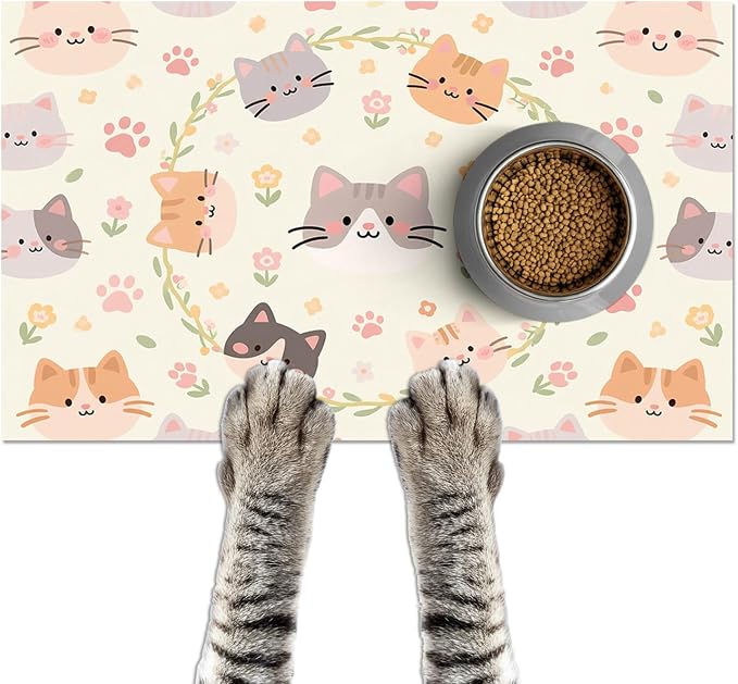 Cat Feeding Mat 24x16 inch Floral Ring Kitten Print Pet Bowl Placemat Non Slip by HOMETITUTE
