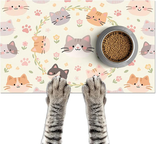 Cat Feeding Mat 24x16 inch Floral Ring Kitten Print Pet Bowl Placemat Non Slip by HOMETITUTE