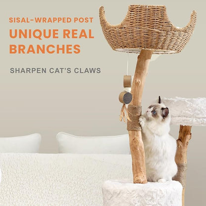 Cat Tree Tower with Two Real Branches, 44 INCH Wood Modern Cat Tower with - Image 3