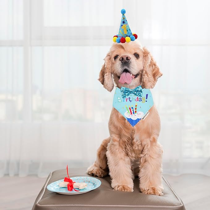 ADOGGYGO Dog Birthday Bandana Scarf and Blue Boy Puppy Birthday Party Hat - Image 2
