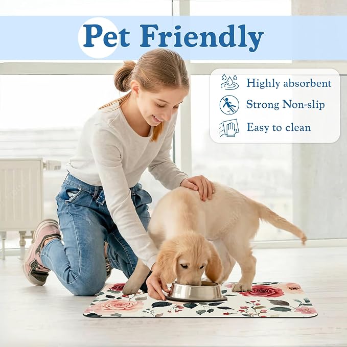 Pink Flower Leaf Pet Feeding Mat–Christmas Stocking Quick Dry Absorbent Dog Cat - Image 6