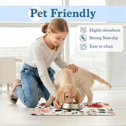 Pink Flower Leaf Pet Feeding Mat–Christmas Stocking Quick Dry Absorbent Dog Cat - Image 6