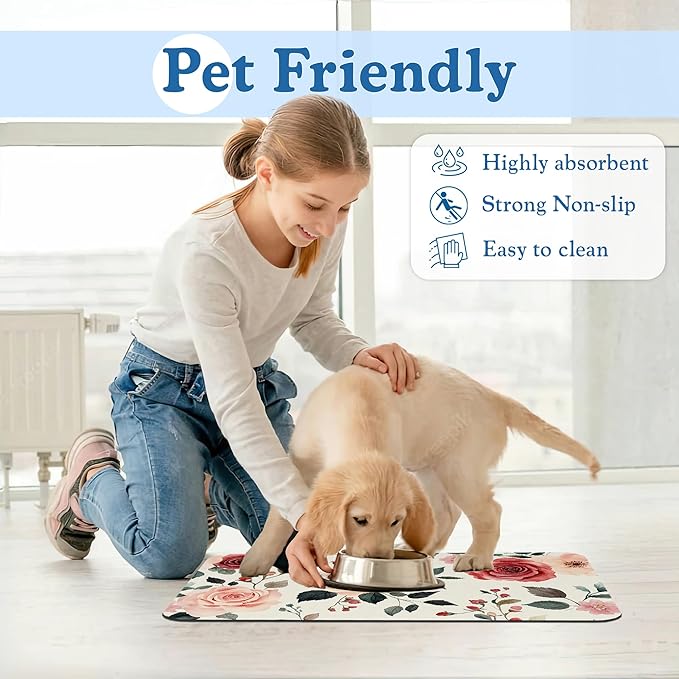 Pink Flower Leaf Pet Feeding Mat–Christmas Stocking Quick Dry Absorbent Dog Cat - Image 6