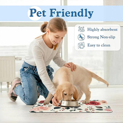Pink Flower Leaf Pet Feeding Mat–Christmas Stocking Quick Dry Absorbent Dog Cat - Image 6