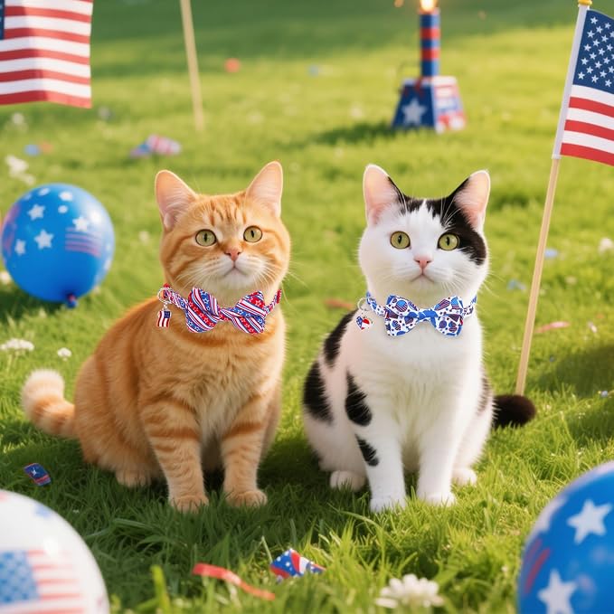 American Flag Cat Collar with Bell Bow Tie Star Breakaway - Image 7