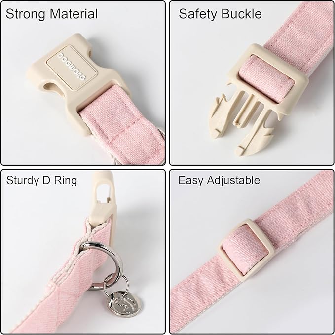 DOGWONG Cotton Hemp Dog Collar, Heavy-Duty Pink Dog Collar Adjustable Soft - Image 3