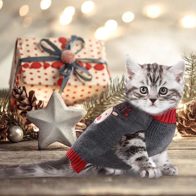 Dog Christmas Sweater Xmas Pet Clothes Cute Gray Reindeer Holiday Puppy Cat - Image 7