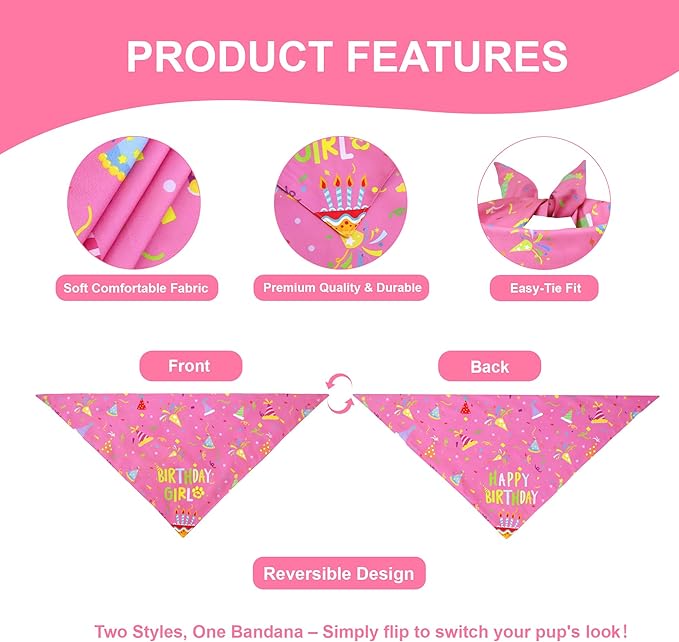 Dog Birthday Bandana Girl for Large X-Large Dogs, Reversible 2 Patterns in 1 - Image 3