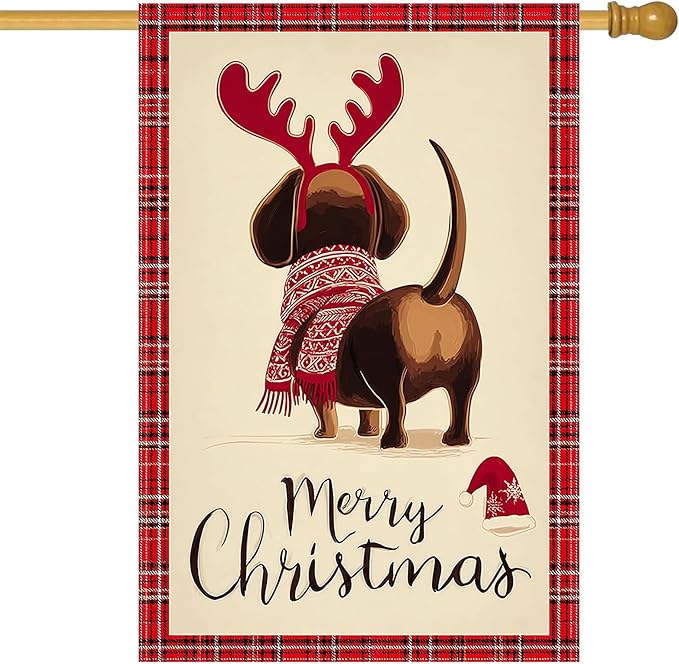 Merry Christmas Garden Flag Back View Dog Reindeer Antlers 28 x 40 Inch Double by BlissYard