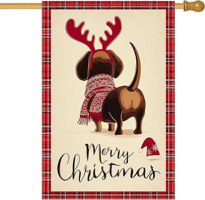 Merry Christmas Garden Flag Back View Dog Reindeer Antlers 28 x 40 Inch Double by BlissYard