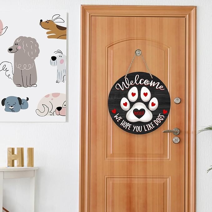 Deroro Welcome We Hope You Like Dogs Front Door Sign, Dog Cat Paw Print Black - Image 7