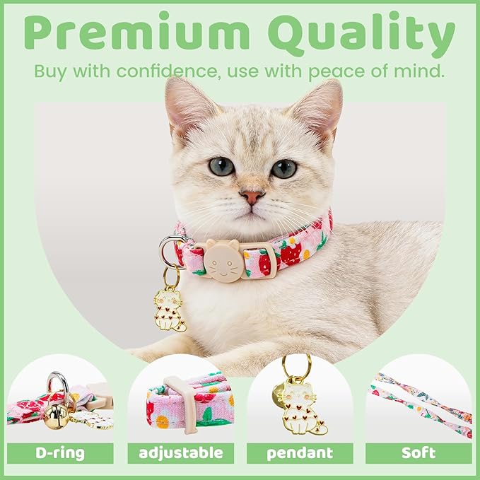 Spring Cat Collar-2 Pack Collars Strawberry and Flower Print Breakaway - Image 3