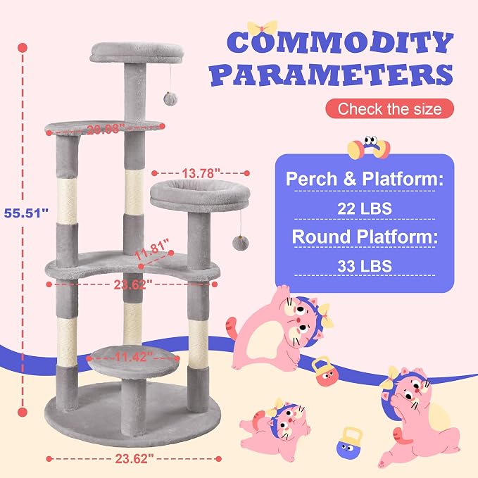 Allewie 55.5 in Cat Tree for Indoor Kitties/Soft Plush Perches/Multi-Level Cat - Image 7