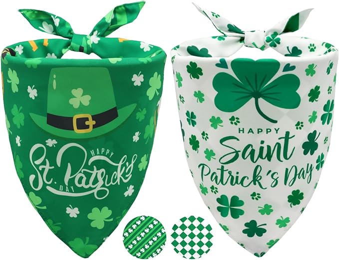 St. Patrick's Day Dog Bandanas Set 2PCS-Large, Featuring Irish Shamrock & Plaid by CozyHaus