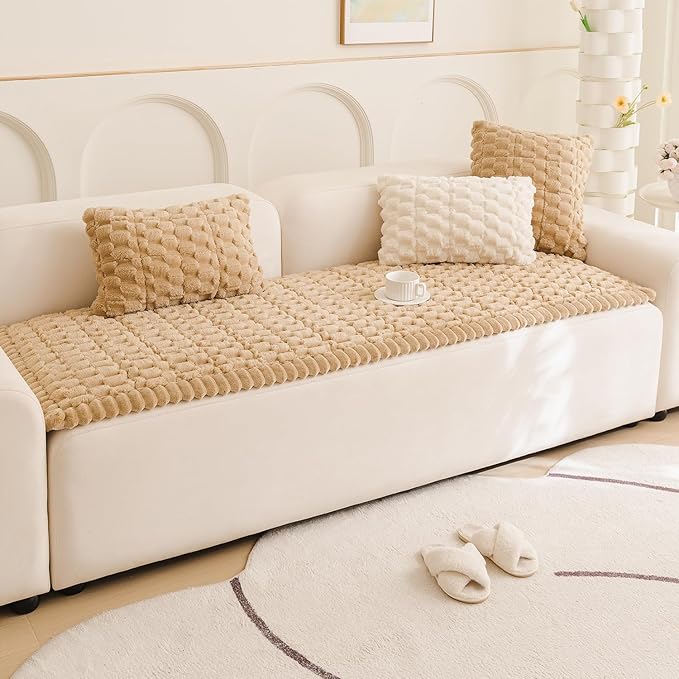 Couch Cover for Dogs Fuzzy Sofa Covers for Pet, Geometric Jacquard Coral - Image 2