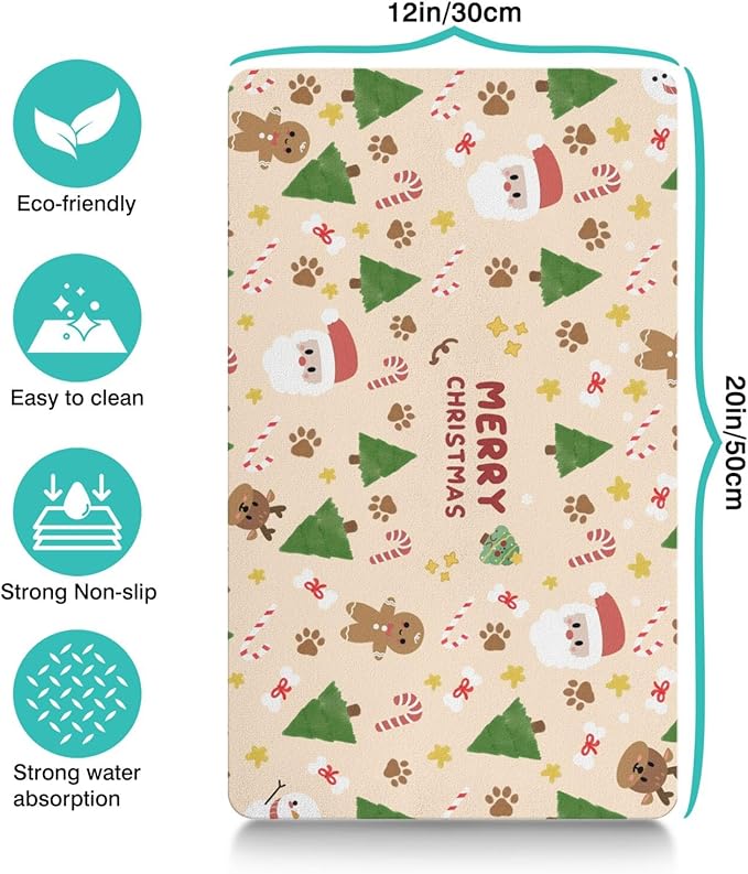 Christmas Dog Food & Water Mat, Paw Prints Santa Claus Snowman Xmas Pet Feeding - Image 3