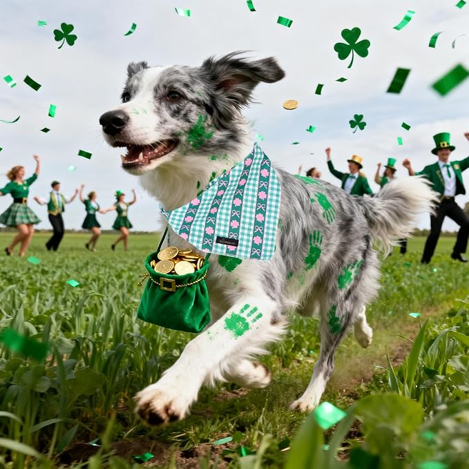 ARING PET St Patrick's Day Dog Bandana, Cute Green Grid Pink Clover Shamrocks - Image 2
