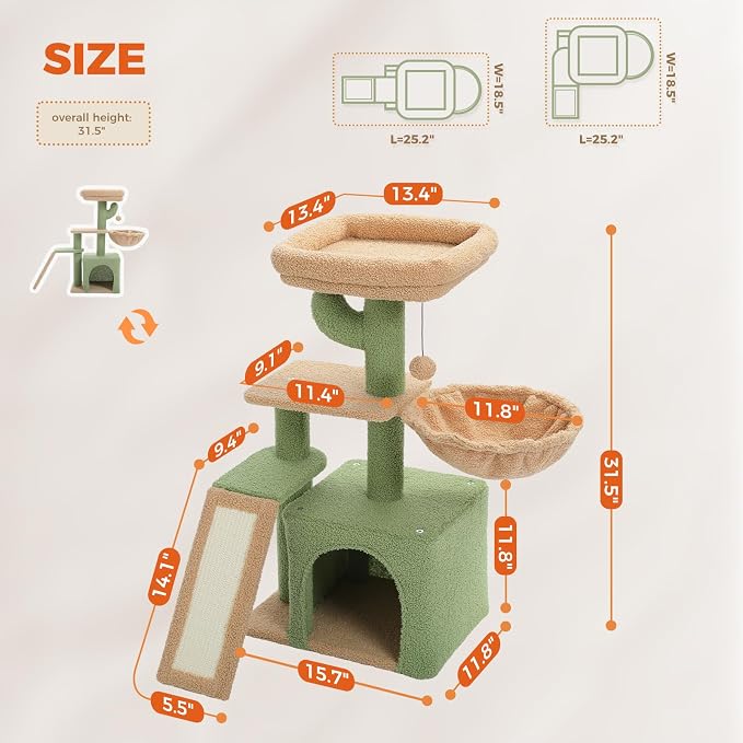 PETEPELA Cactus Cat Tree for Indoor Cats, Cozy Hammock and Removable Top Bed - Image 4