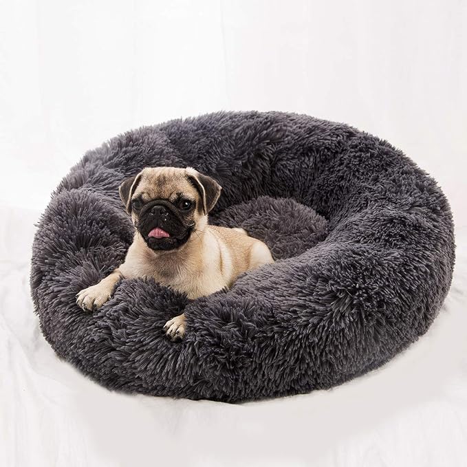 BODISEINT Faux Fur Dog Bed Cat Bed, Shag Round Anti-Anxiety Pet Calming Bed by BODISEINT