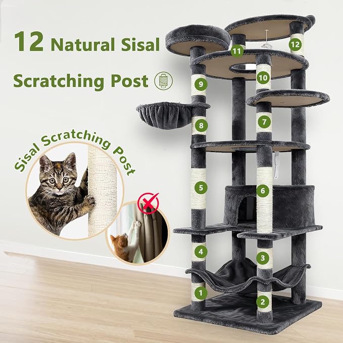 78.8" Large Cat Tree Tower for Indoor Kitties, Sisal Scratching Posts, Hammock - Image 4