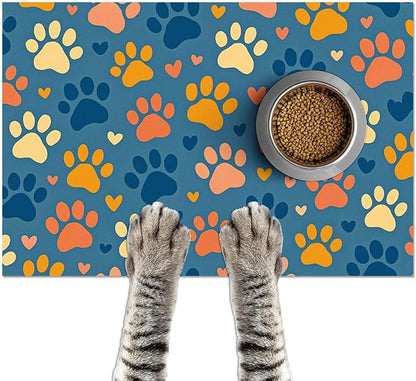 Colorful Dog Paw Print Pet Feeding Mat Spill-Proof Pets Food Mat by HOMETITUTE