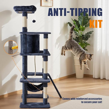 Large Cat Tree 63 Inch, Sisal Scratching Posts Board and Hammock, Pet Play House - Image 6