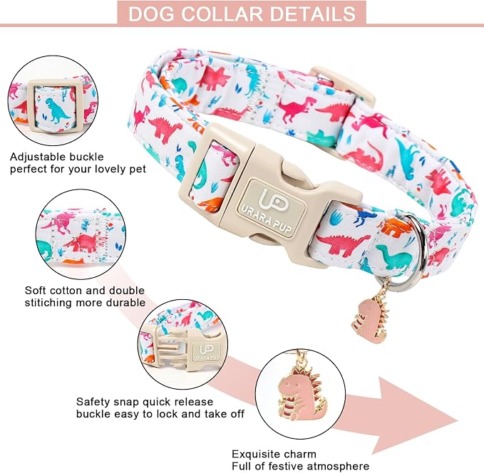 Summer Dog Collar, Adorable Dinosaur Cotton Dog Collar - Image 3