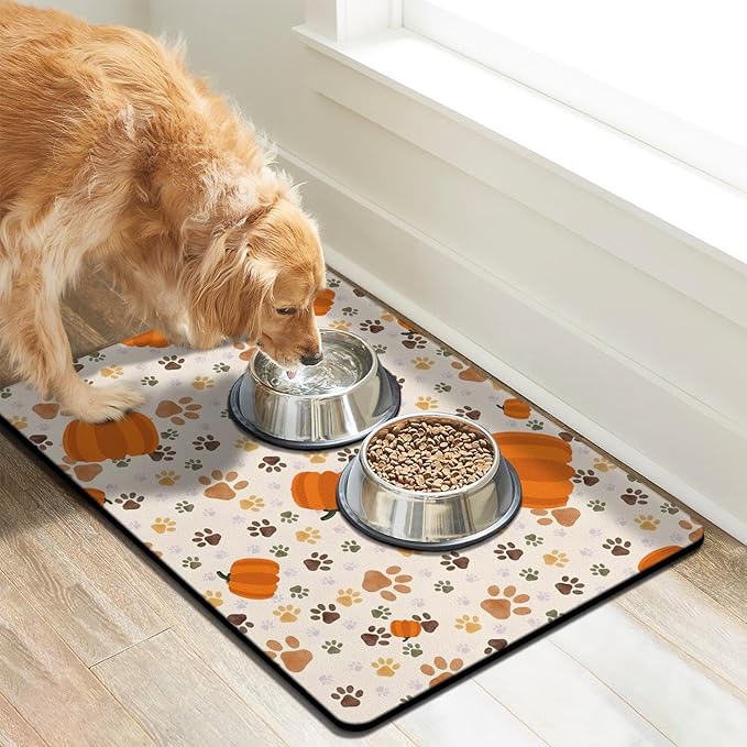 Fall Pumpkin Dog Food & Water Mat, Paw Prints Autumn Pet Feeding Mat - Image 2