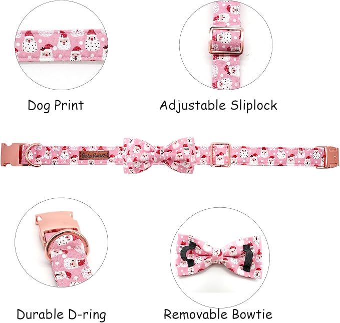 Dog Collar, Christmas Pink Santa Claus Cotton Pet Collar Bow Holiday Girl Boy - Image 2