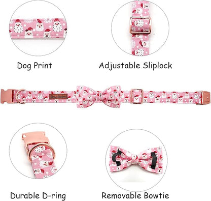 Dog Collar, Christmas Pink Santa Claus Cotton Pet Collar Bow Holiday Girl Boy - Image 2