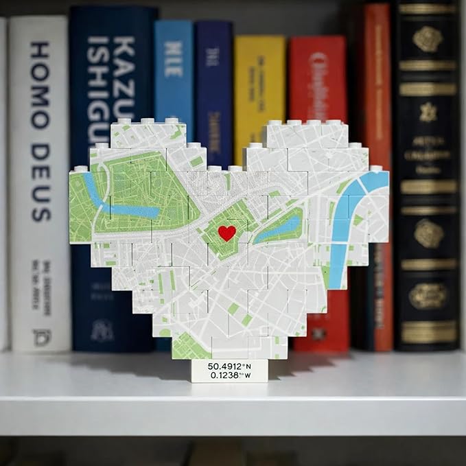 NAZENTI Personalised Map Print Heart Building Block, Wedding Present, by Nazenti
