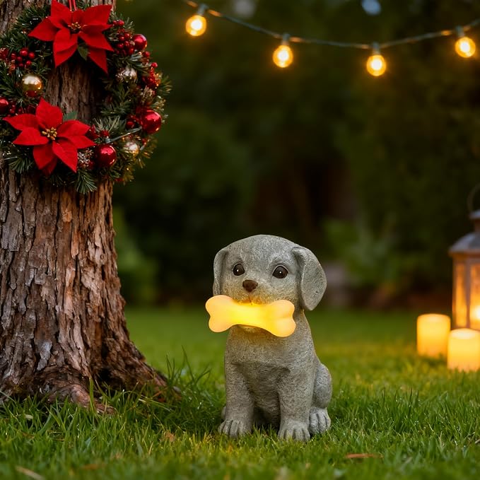 Solar Dog Statue with Glowing Bone Light, Outdoor Puppy Figurine - Image 8